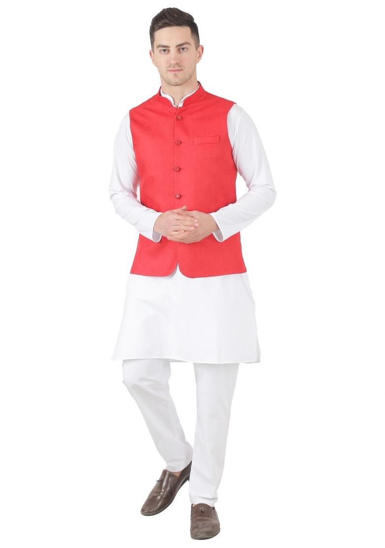 Red Solid Poly Viscose Nehru Jacket Set For Men