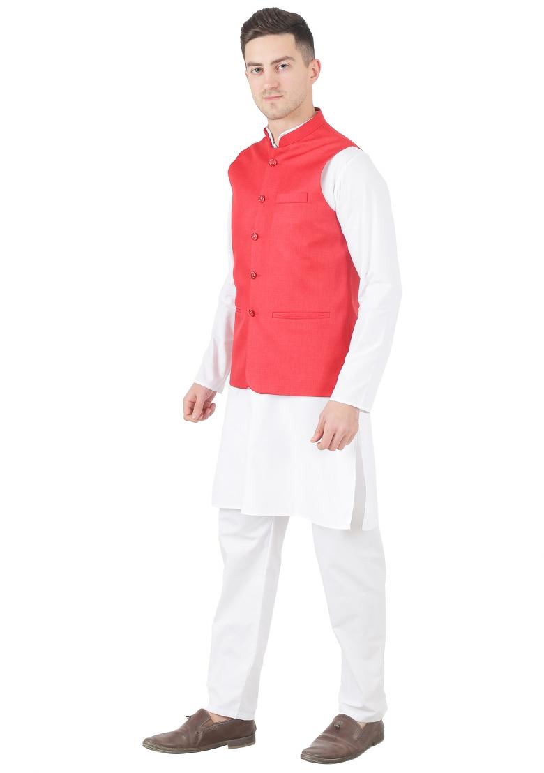 Red Solid Poly Viscose Nehru Jacket Set For Men