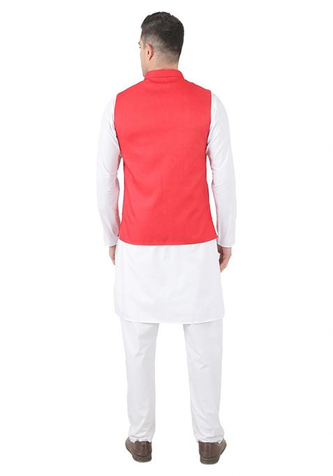 Red Solid Poly Viscose Nehru Jacket Set For Men