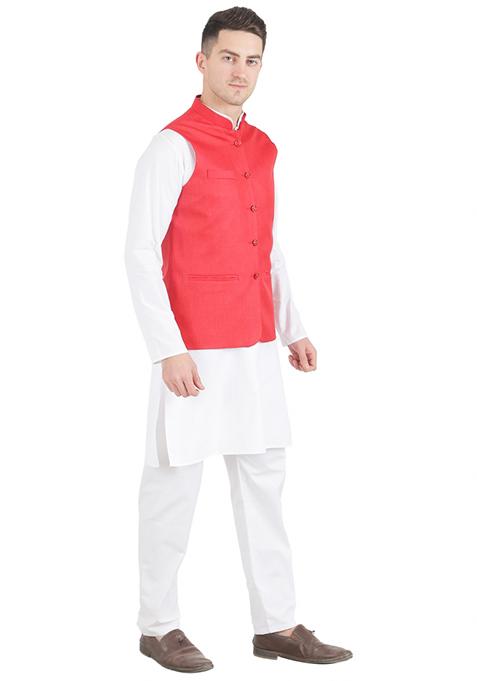 Red Solid Poly Viscose Nehru Jacket Set For Men