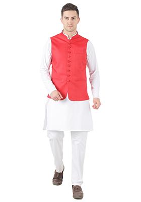Red Solid Poly Viscose Nehru Jacket Set For Men