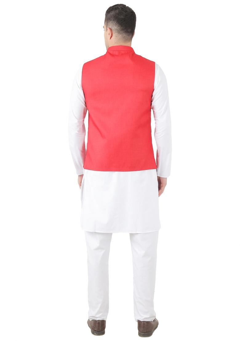 Red Solid Poly Viscose Nehru Jacket Set For Men