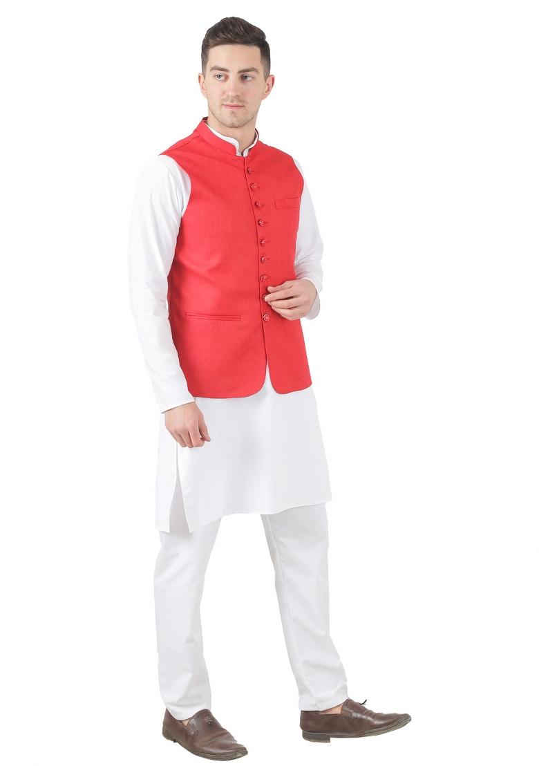 Red Solid Poly Viscose Nehru Jacket Set For Men