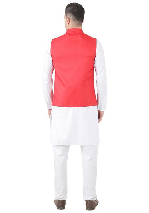 Red Solid Poly Viscose Nehru Jacket Set For Men