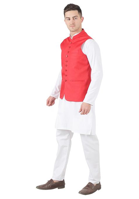 Red Solid Poly Viscose Nehru Jacket Set For Men