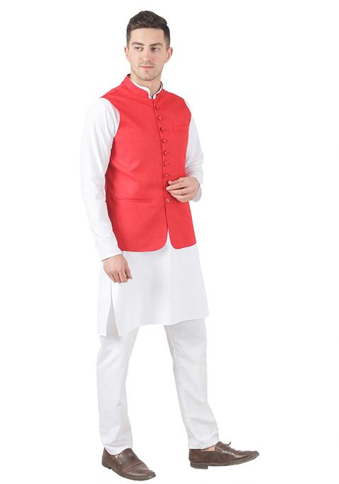 Red Solid Poly Viscose Nehru Jacket Set For Men