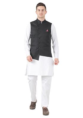 Black Solid Poly Viscose Nehru Jacket Set For Men