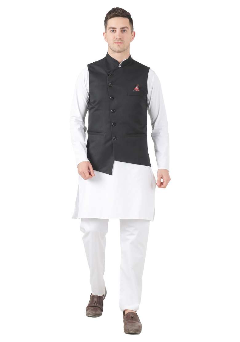Black Solid Poly Viscose Nehru Jacket Set For Men - Indya