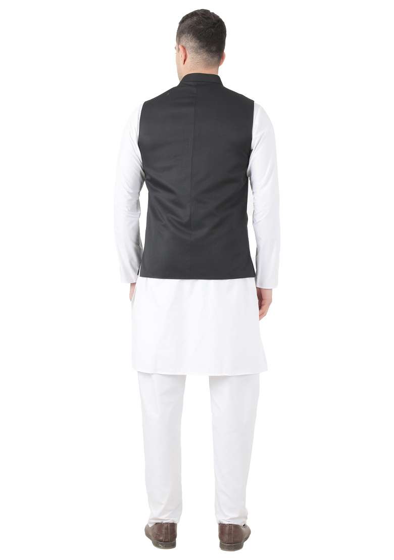 Black Solid Poly Viscose Nehru Jacket Set For Men - Indya