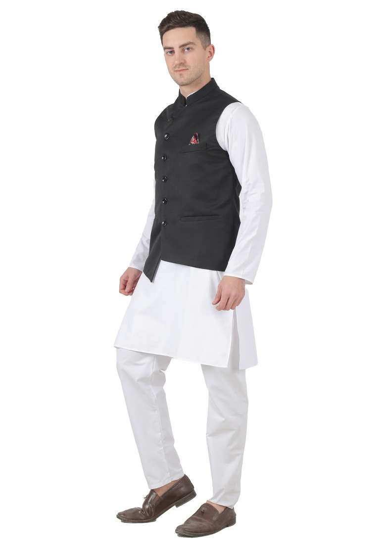 Black Solid Poly Viscose Nehru Jacket Set For Men - Indya