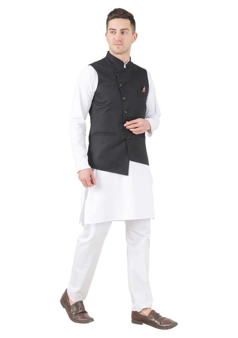 Black Solid Poly Viscose Nehru Jacket Set For Men - Indya