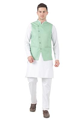 Green Solid Poly Viscose Nehru Jacket Set For Men