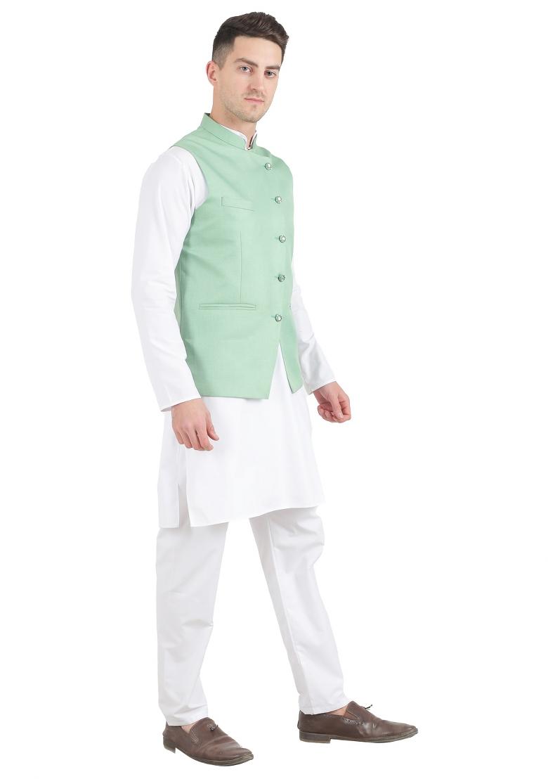 Green Solid Poly Viscose Nehru Jacket Set For Men - Indya