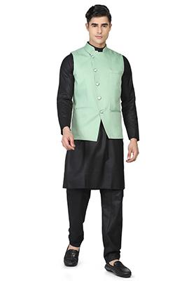 Green Solid Poly Viscose Nehru Jacket Set For Men