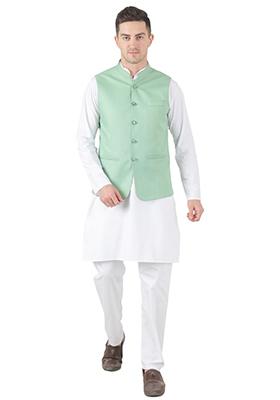 Green Solid Poly Viscose Nehru Jacket Set For Men