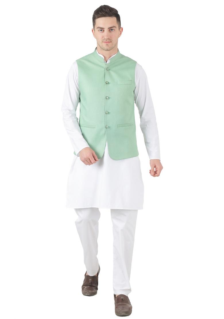 Green Solid Poly Viscose Nehru Jacket Set For Men