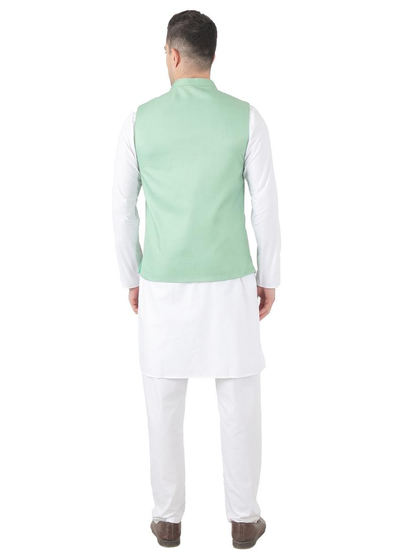 Green Solid Poly Viscose Nehru Jacket Set For Men