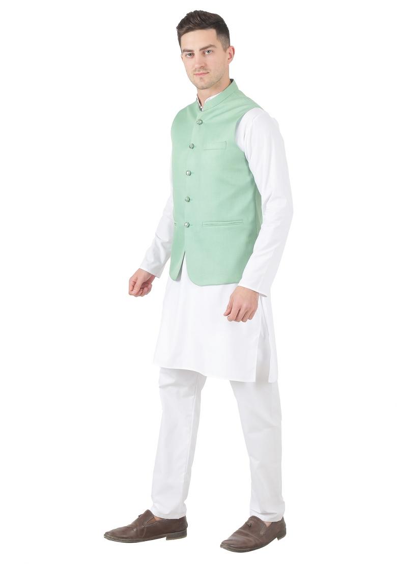 Green Solid Poly Viscose Nehru Jacket Set For Men