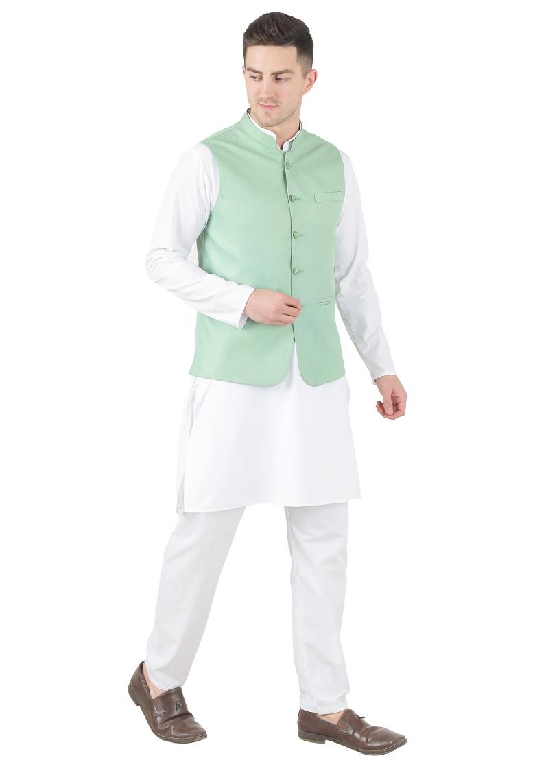 Green Solid Poly Viscose Nehru Jacket Set For Men