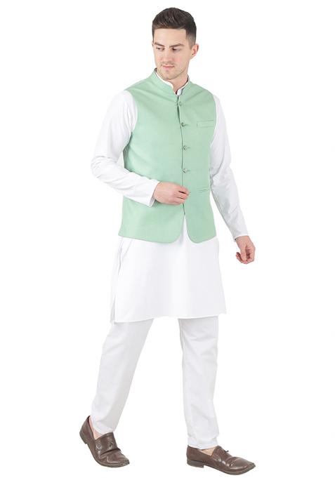 Green Solid Poly Viscose Nehru Jacket Set For Men