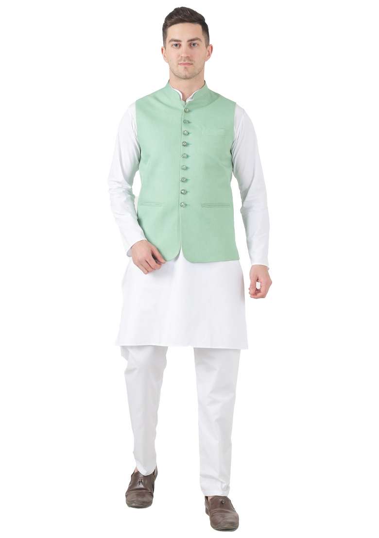 Green Solid Poly Viscose Nehru Jacket Set For Men - Indya