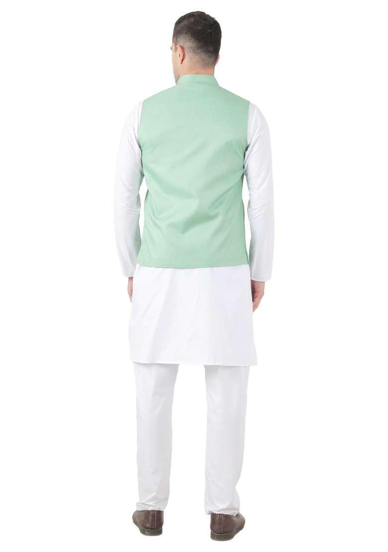Green Solid Poly Viscose Nehru Jacket Set For Men - Indya