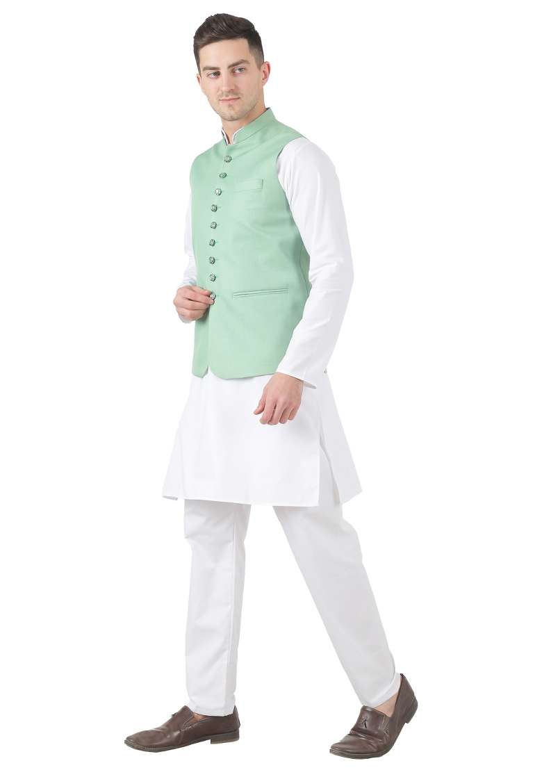 Green Solid Poly Viscose Nehru Jacket Set For Men - Indya