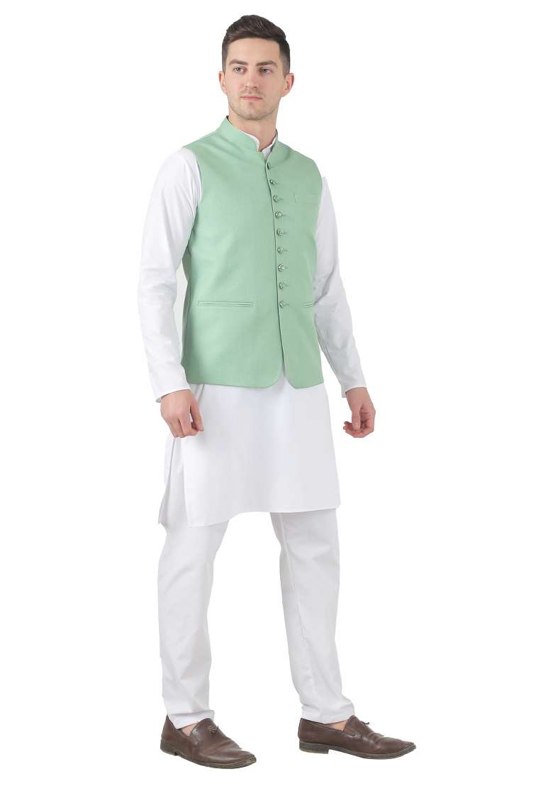 Green Solid Poly Viscose Nehru Jacket Set For Men - Indya