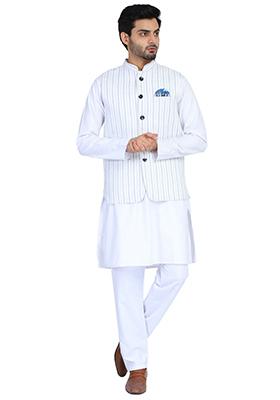Grey Stripes Cotton Nehru Jacket Set For Men