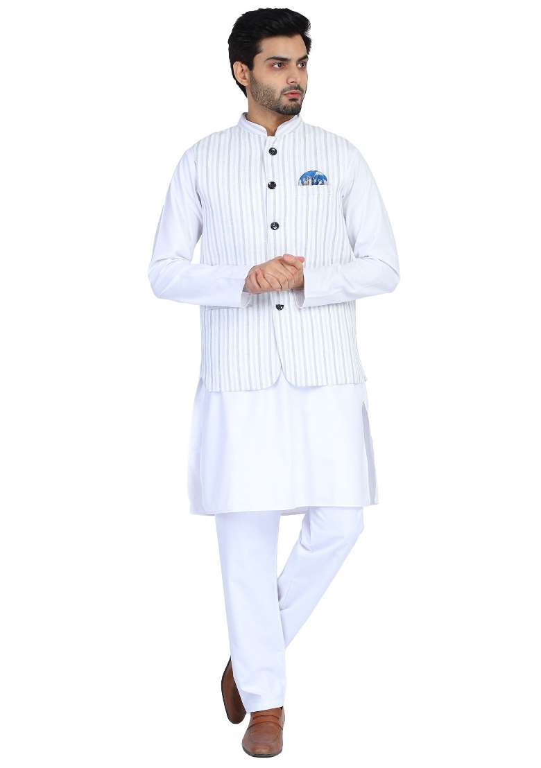 Grey Stripes Cotton Nehru Jacket Set For Men - Indya