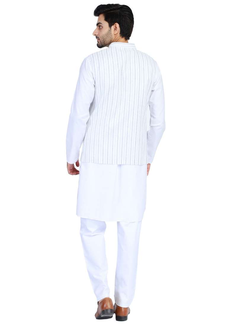 Grey Stripes Cotton Nehru Jacket Set For Men - Indya