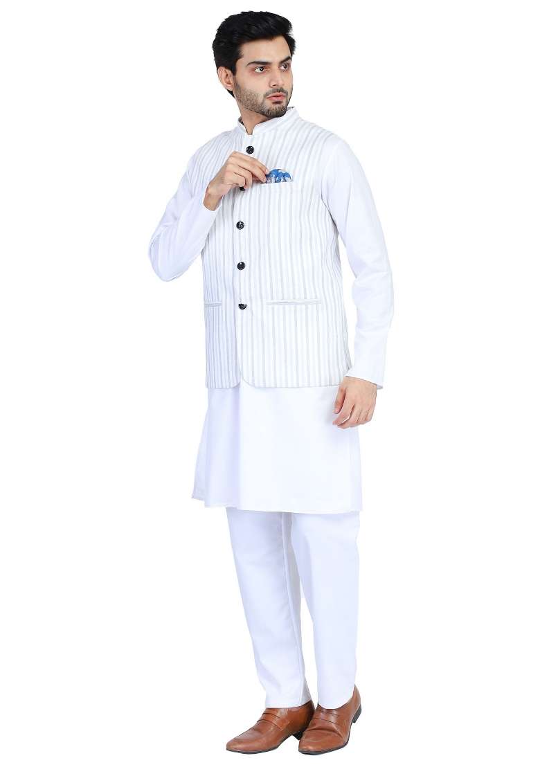 Grey Stripes Cotton Nehru Jacket Set For Men - Indya