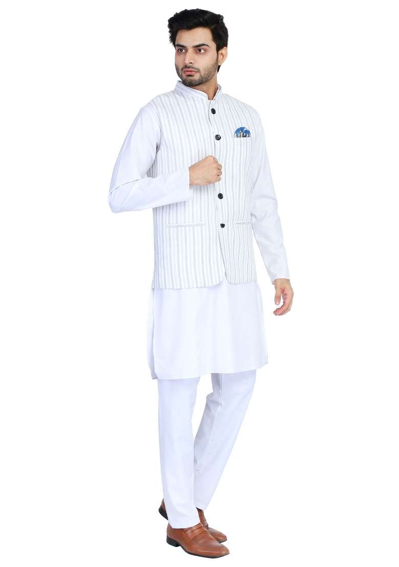 Grey Stripes Cotton Nehru Jacket Set For Men - Indya