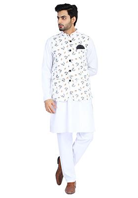 White Printed Cotton Nehru Jacket Set For Men