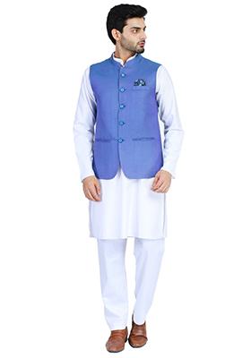 Blue Solid Cotton Blend Nehru Jacket Set For Men