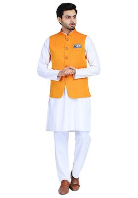 Orange Solid Cotton Blend Nehru Jacket Set For Men