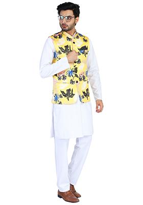 Yellow printed satin Nehru Jacket Set For Men