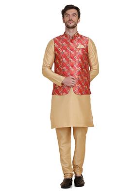 Red printed Silk Blend Nehru Jacket Set For Men