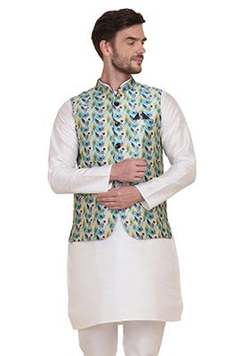 Blue printed Silk Blend Nehru Jacket Set For Men