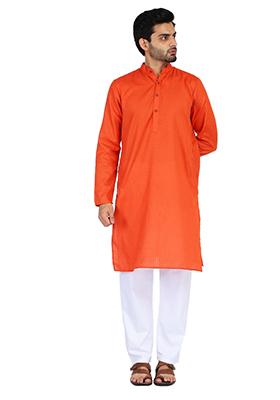 Orange Solid Cotton Kurta Set For Men