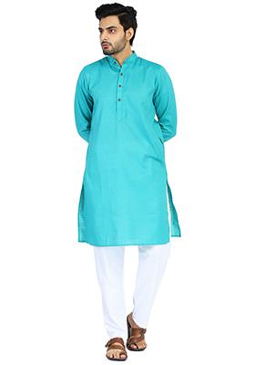 Green Solid Cotton Kurta Set For Men