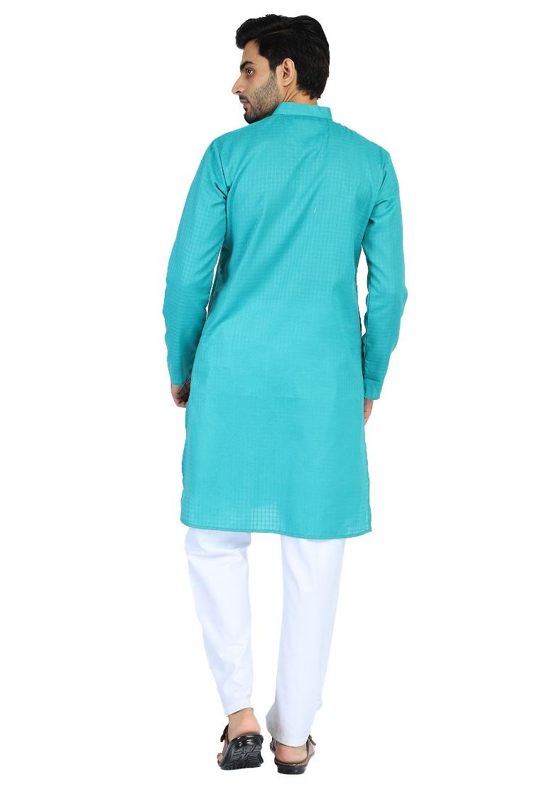 Green Solid Cotton Kurta Set For Men - Indya