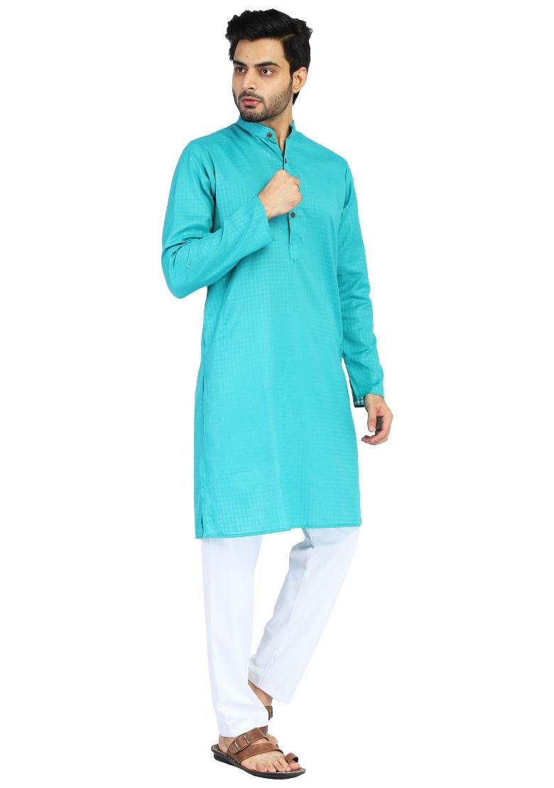 Green Solid Cotton Kurta Set For Men - Indya