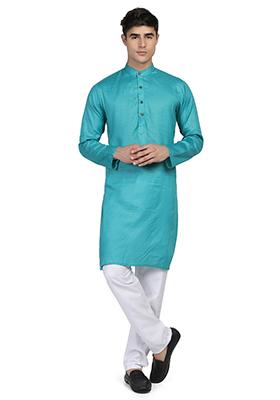 Green Solid Cotton Kurta Set For Men