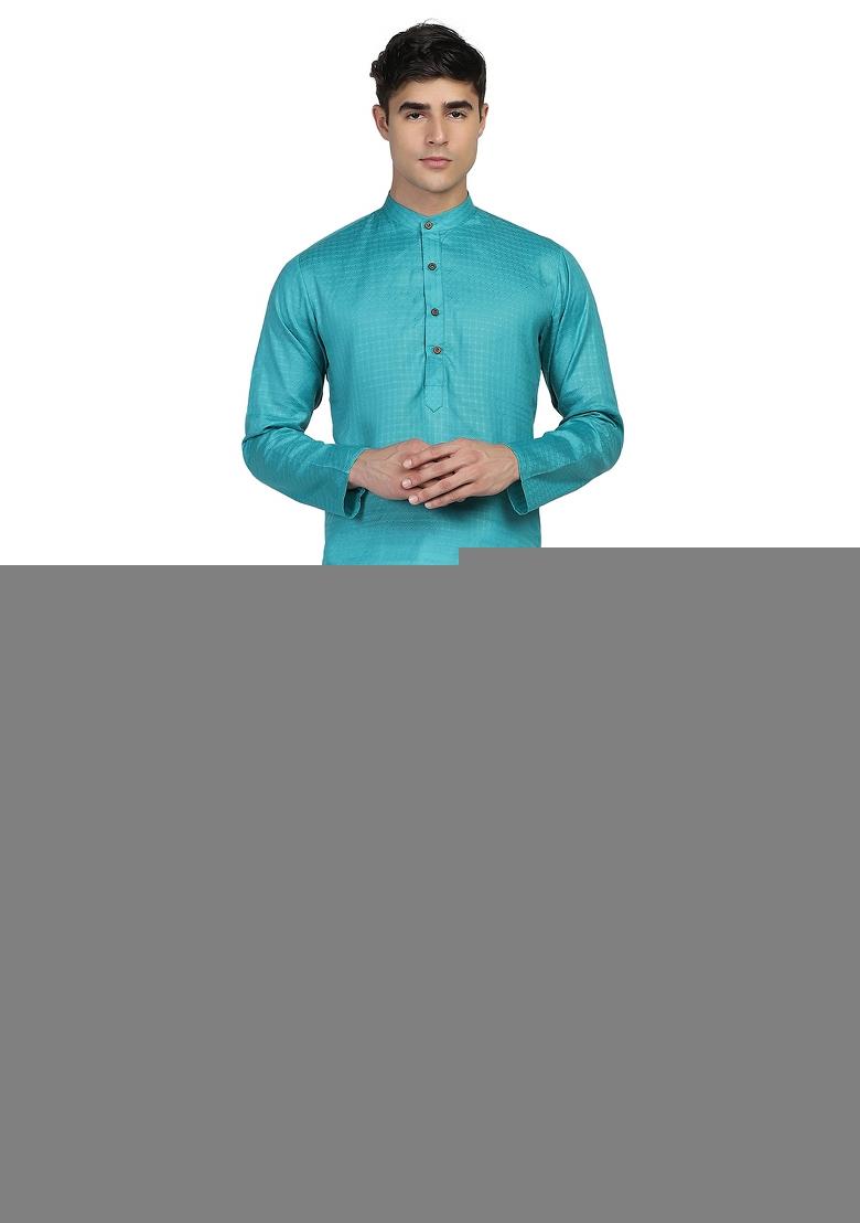 Blue Solid Cotton Kurta Set For Men