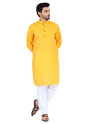 Yellow Solid Cotton Kurta Set For Men