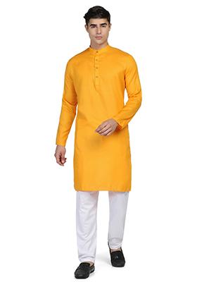 Yellow Solid Cotton Kurta Set For Men