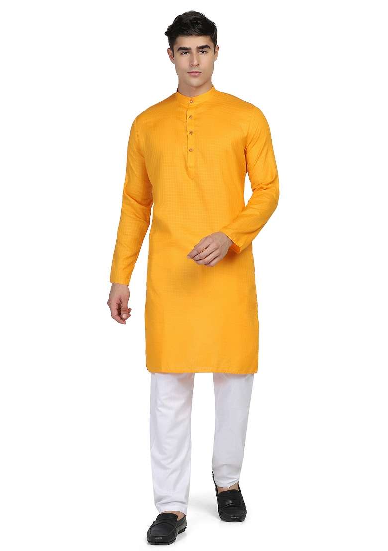Yellow Solid Cotton Kurta Set For Men - Indya