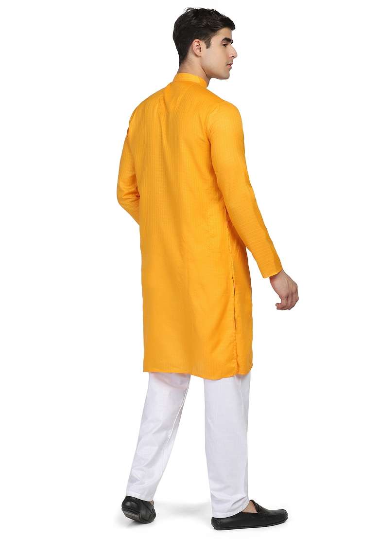Yellow Solid Cotton Kurta Set For Men - Indya