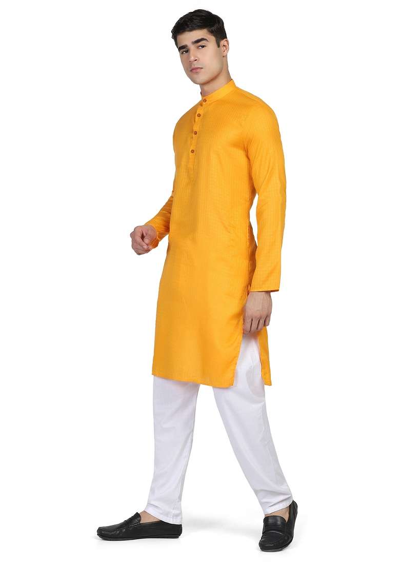 Yellow Solid Cotton Kurta Set For Men - Indya
